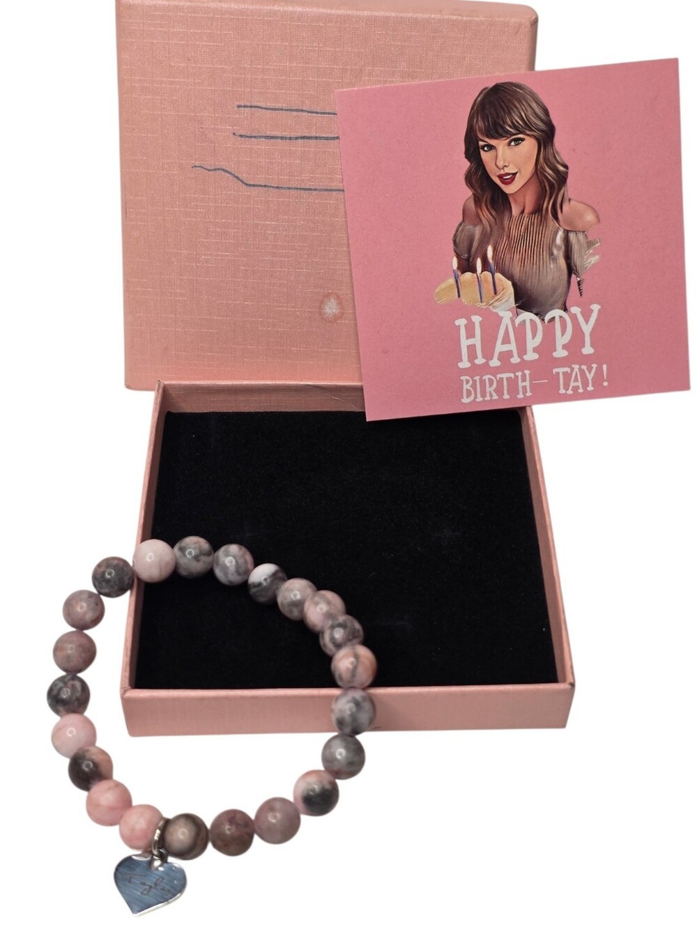 Taylor Swift Happy Birthday Gift Box Stretch Pink Zebra Jasper Charm Bracelet